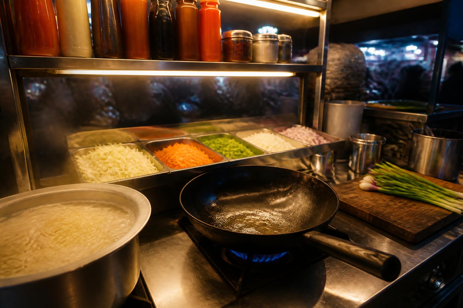 Night street-food cart with a boiling pot, hot wok and chopped vegetables